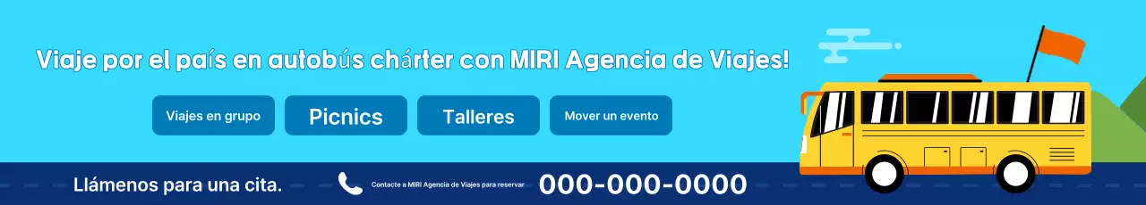 Anuncio de reserva de autobús chárter en tonos azul bebé y azul marino
