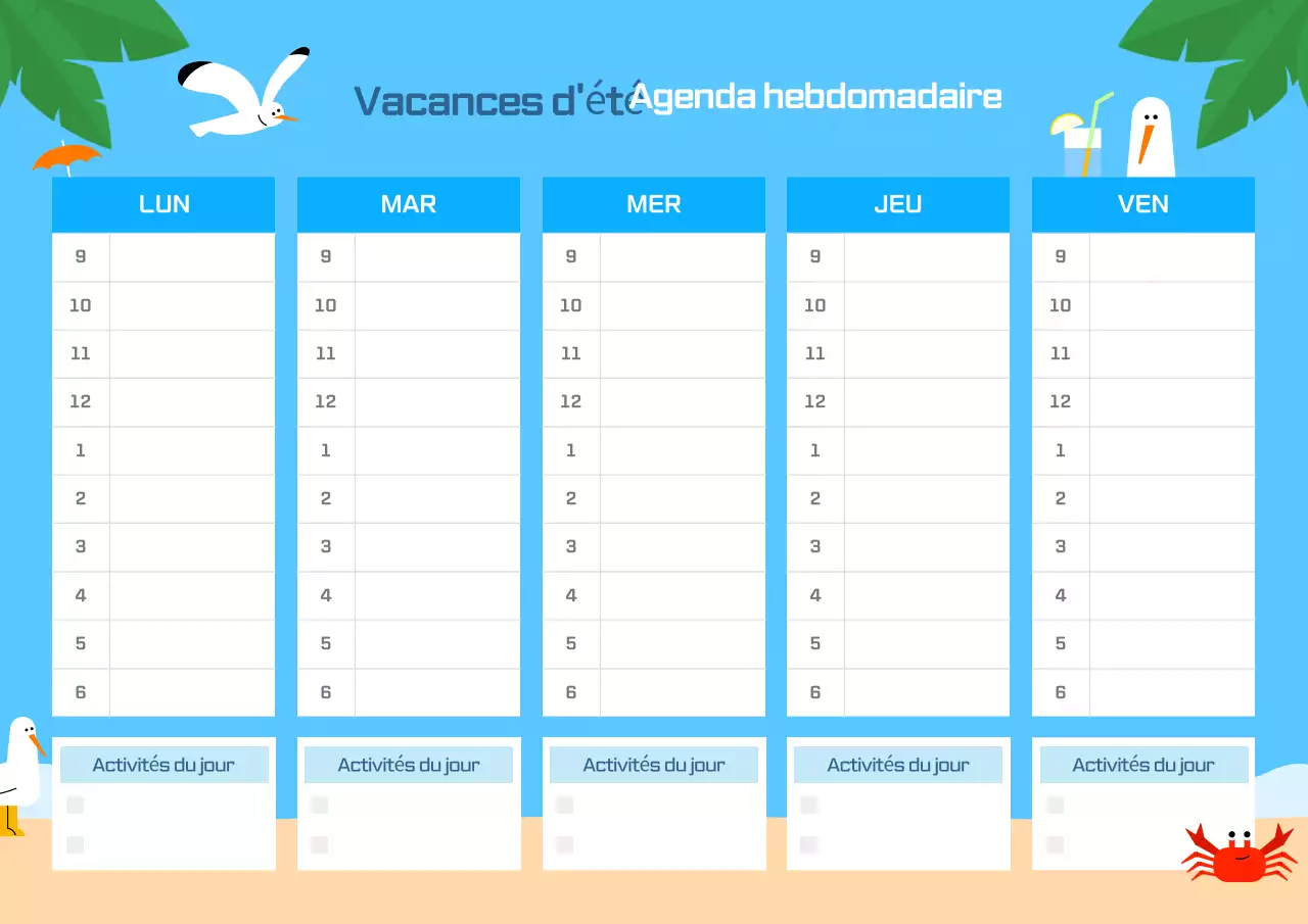 Agenda de vacances simple bleu ciel