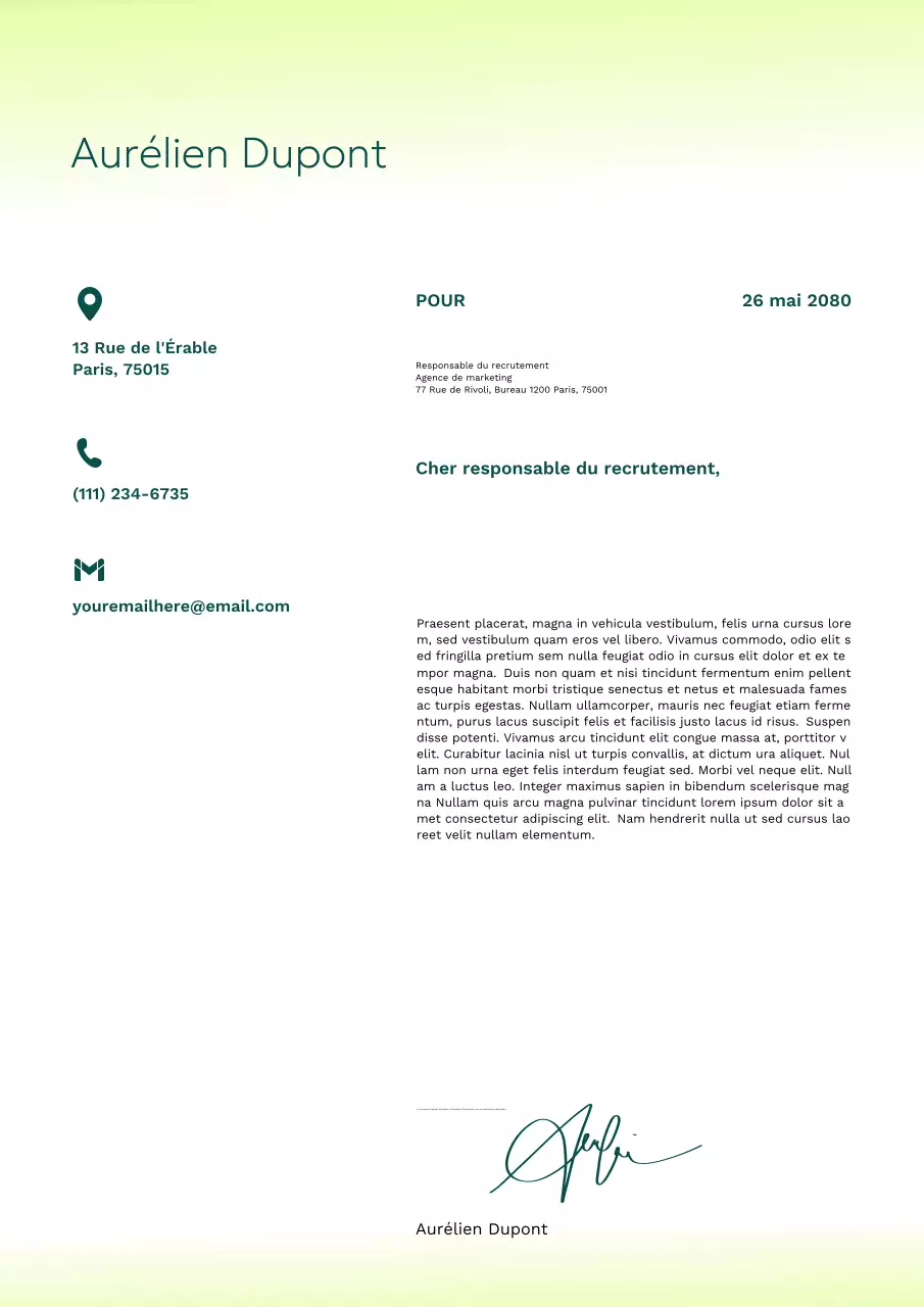 document de lettre de motivation moderne et verte