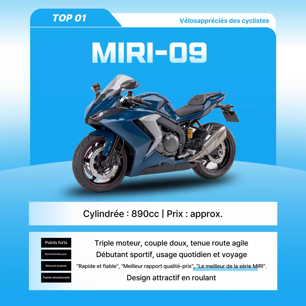 Publicité pour une moto moderne bleu ciel
