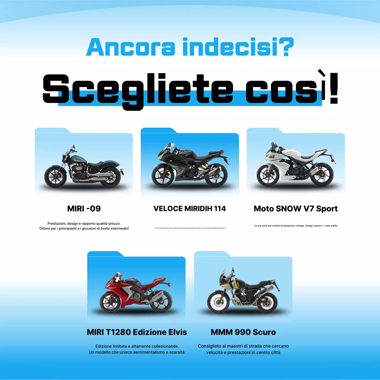 Pubblicità di motocicletta moderna blu cielo