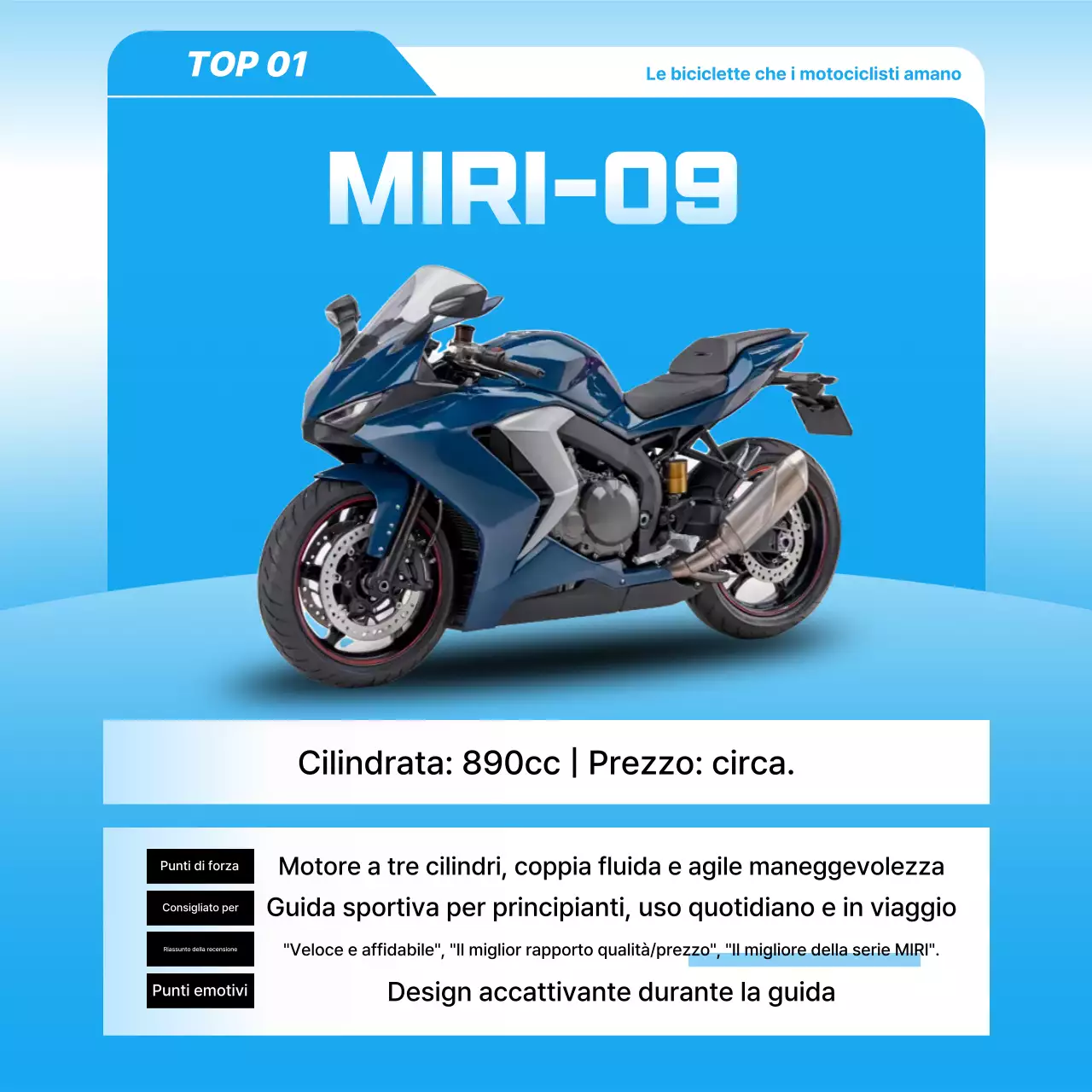 Pubblicità di motocicletta moderna blu cielo