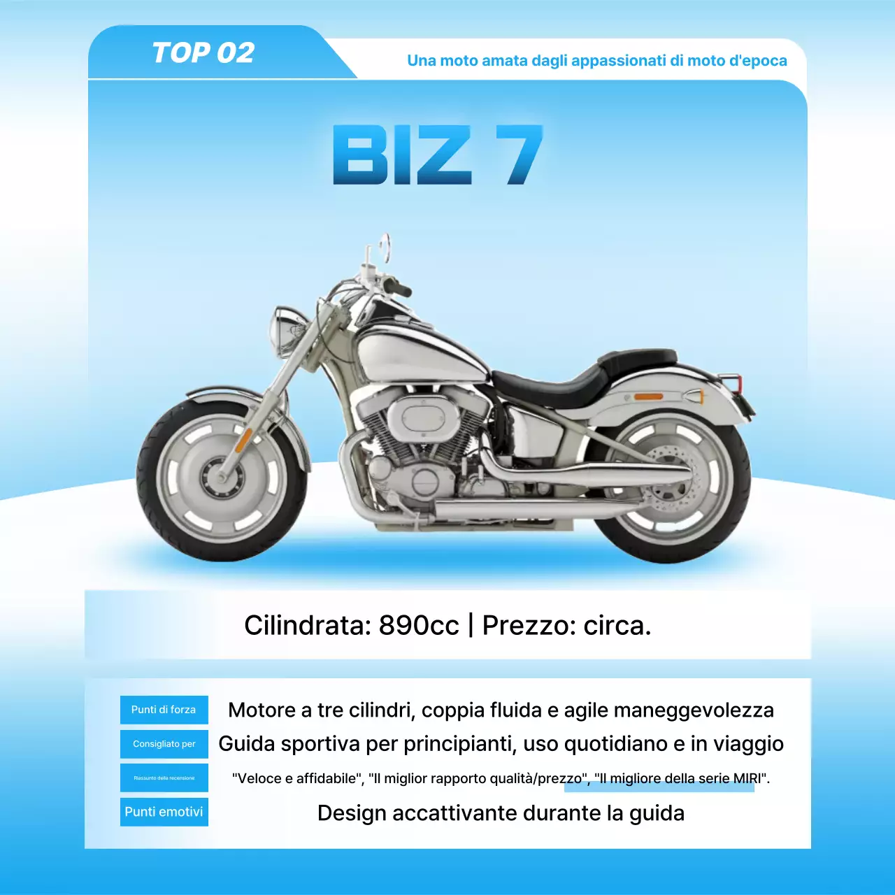 Pubblicità di motocicletta moderna blu cielo