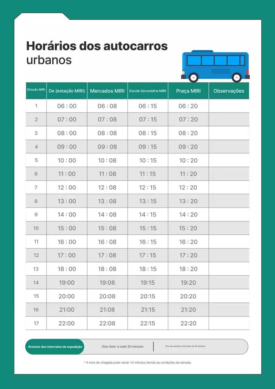 Guia de horários do ônibus Green Clean