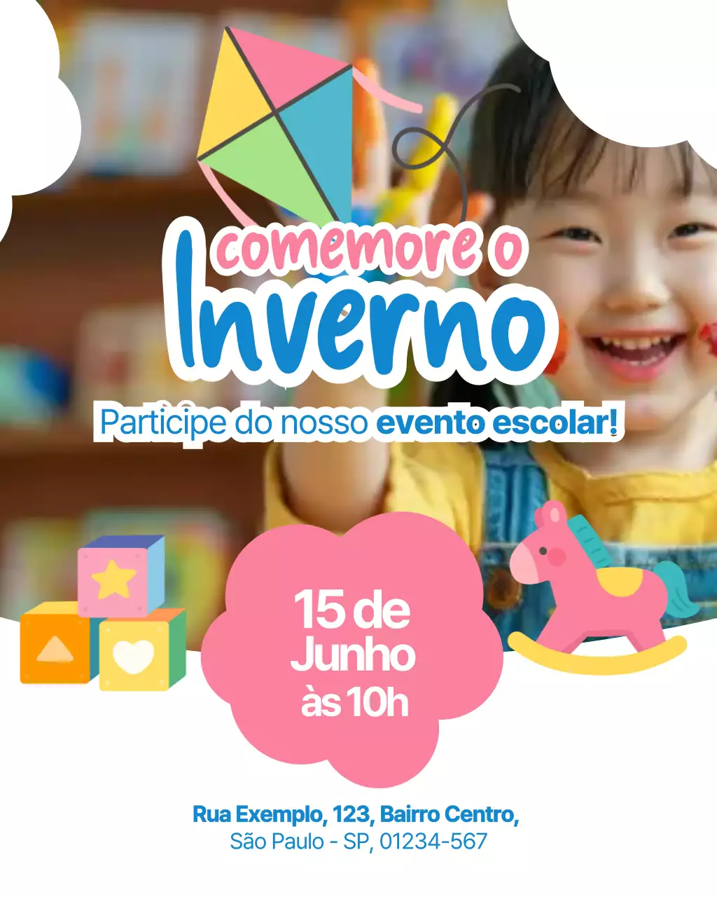 Publicação no Instagram de anúncio de evento escolar colorido e lúdico