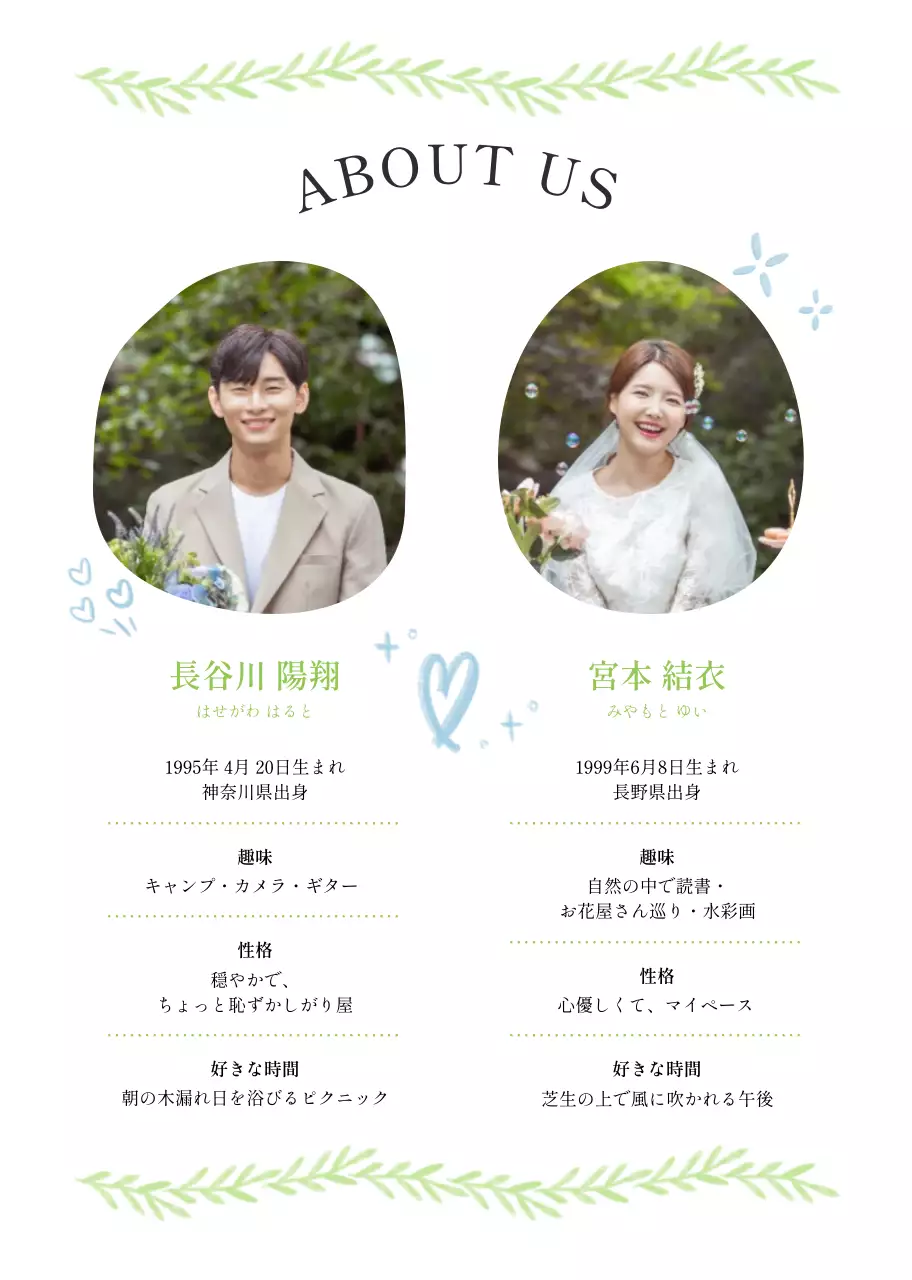 青 手書き ウェディング 招待状 ナチュラルプロフィールブック