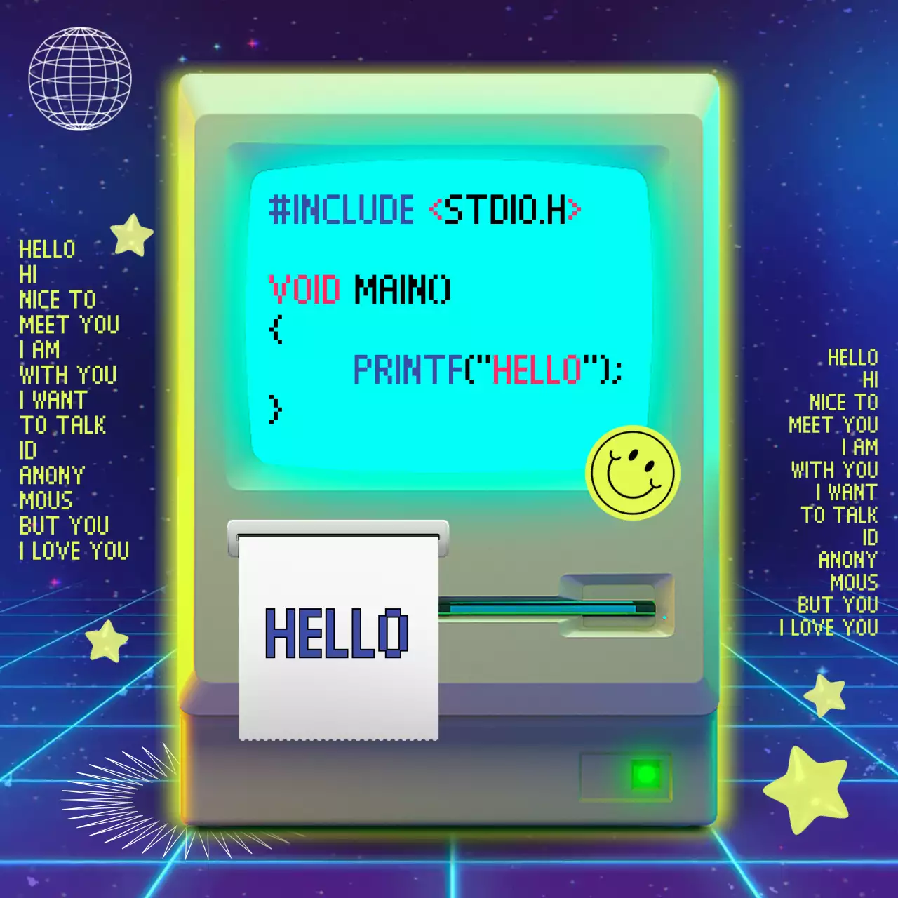 파랑 네온 레트로 컨셉의 화려한 3D 모니터 코딩 언어