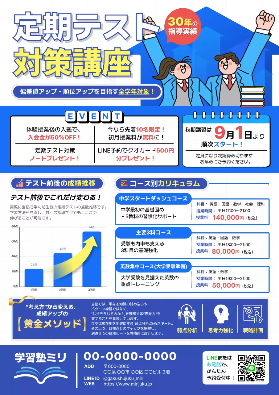 青 かわいい 教育 定期テスト対策講座チラシ