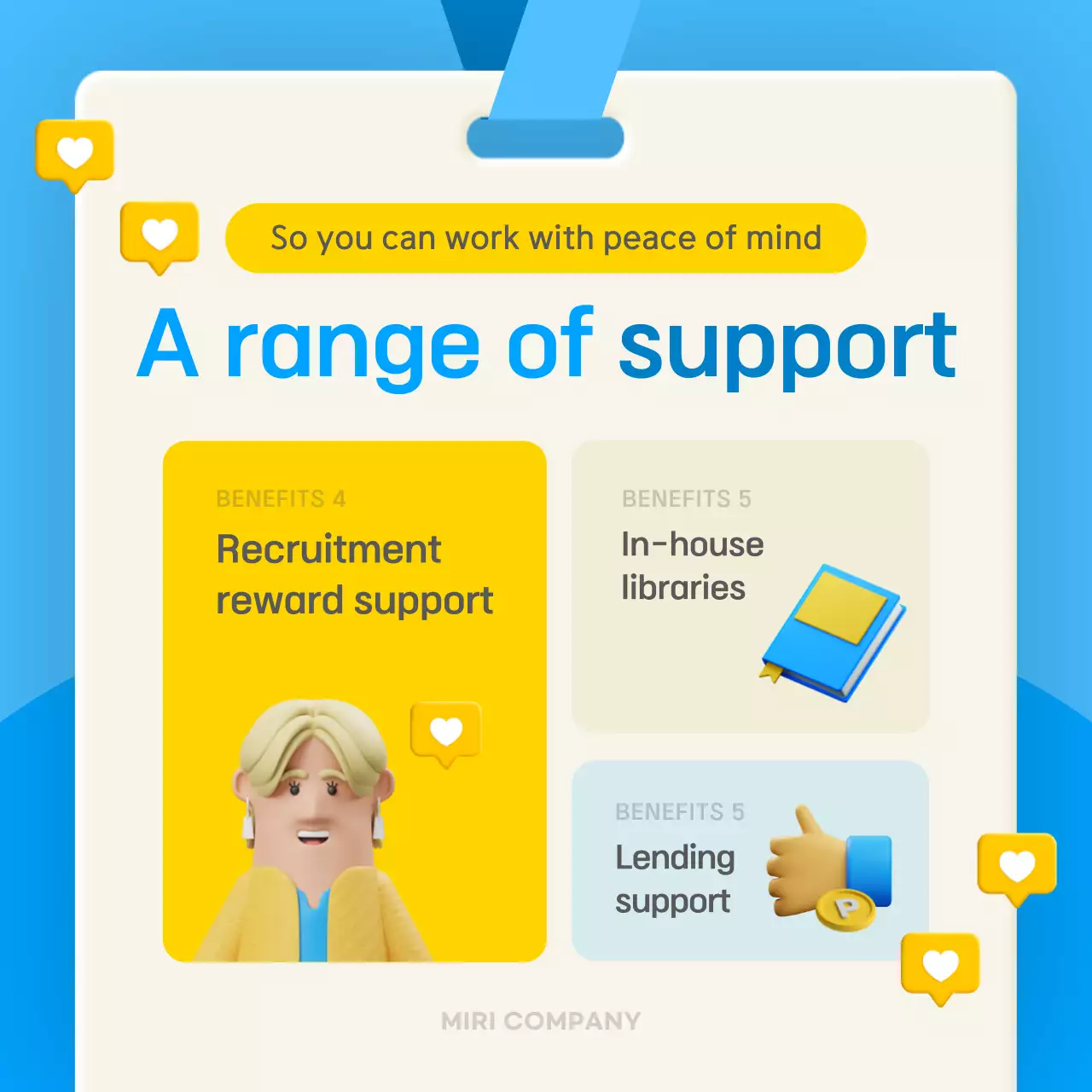 3D stereoscopic concept in blue and yellow to introduce company benefits