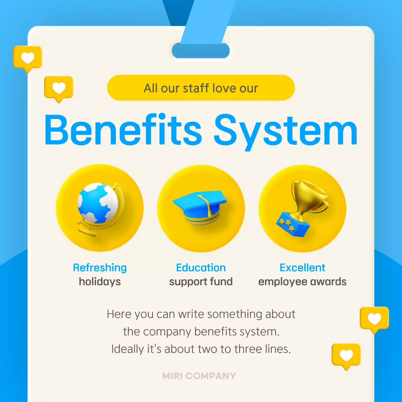 3D stereoscopic concept in blue and yellow to introduce company benefits