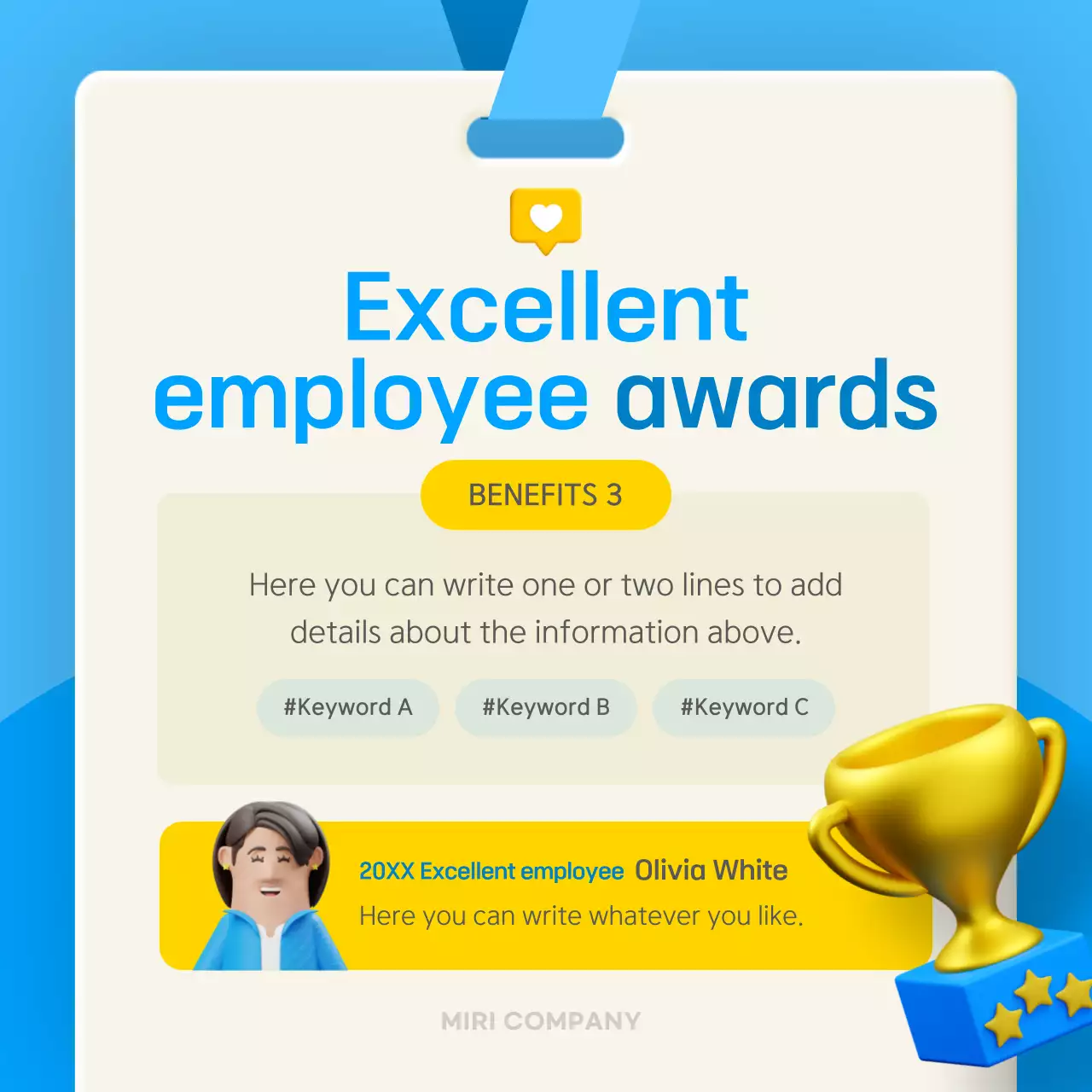 3D stereoscopic concept in blue and yellow to introduce company benefits