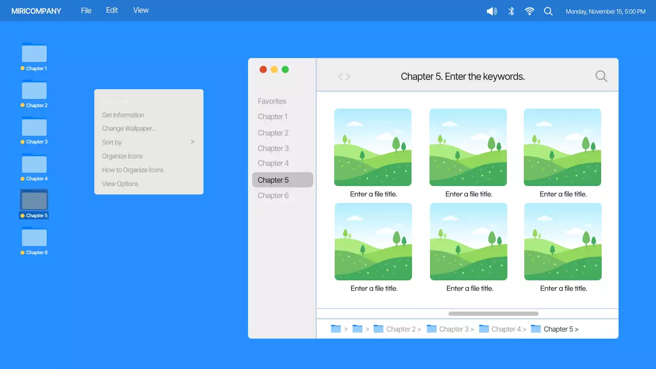 IU simples para computador de secretária em azul e laranja Perfil da empresa