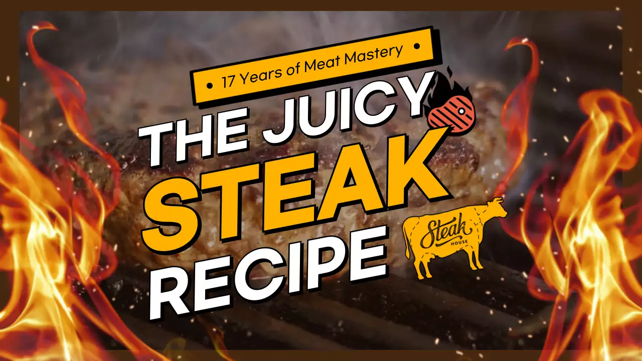 노란색 갈색 스피디한 타이포그라피와 생상한 불 이미지 컨셉의 스테이크 레시피 테마