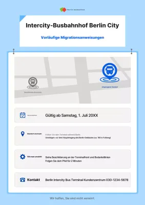 Hinweis zur Verlegung der sauberen, himmelblauen Fernbushaltestelle