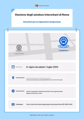 Avviso di trasferimento della fermata dell'autobus interurbano pulita e di colore azzurro