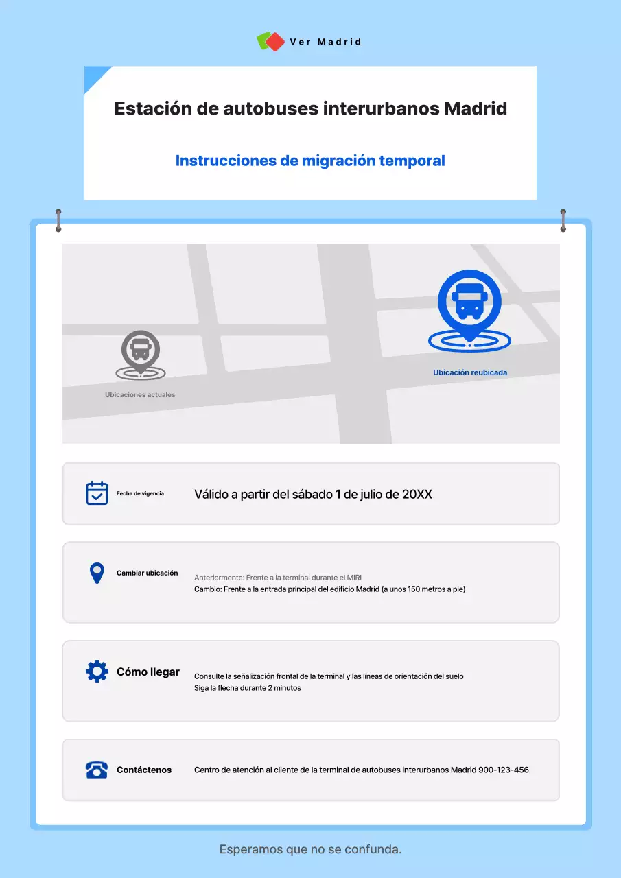 Aviso de reubicación de la parada de autobuses interurbanos limpia y de color azul cielo