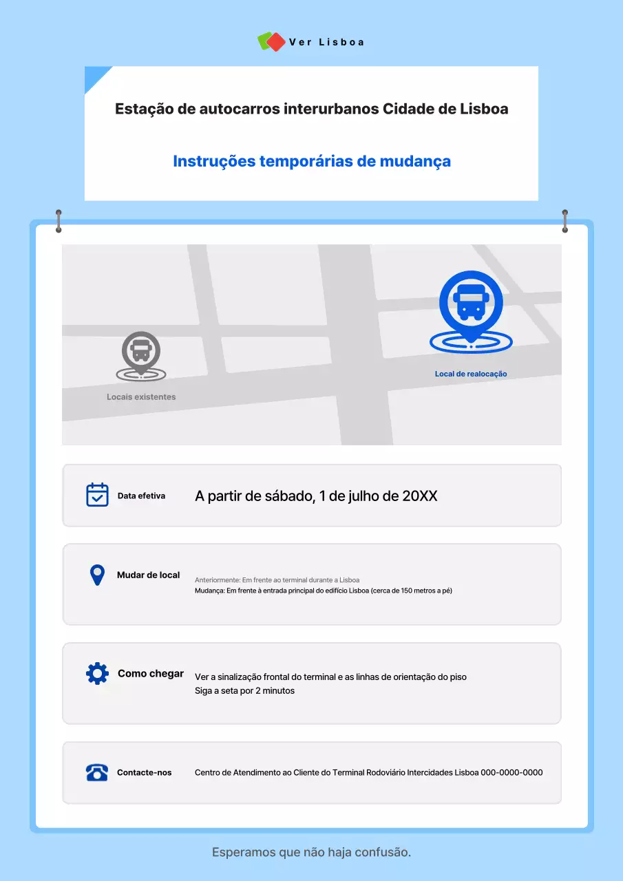 Aviso de realocação do ponto de ônibus intermunicipal limpo e azul-celeste
