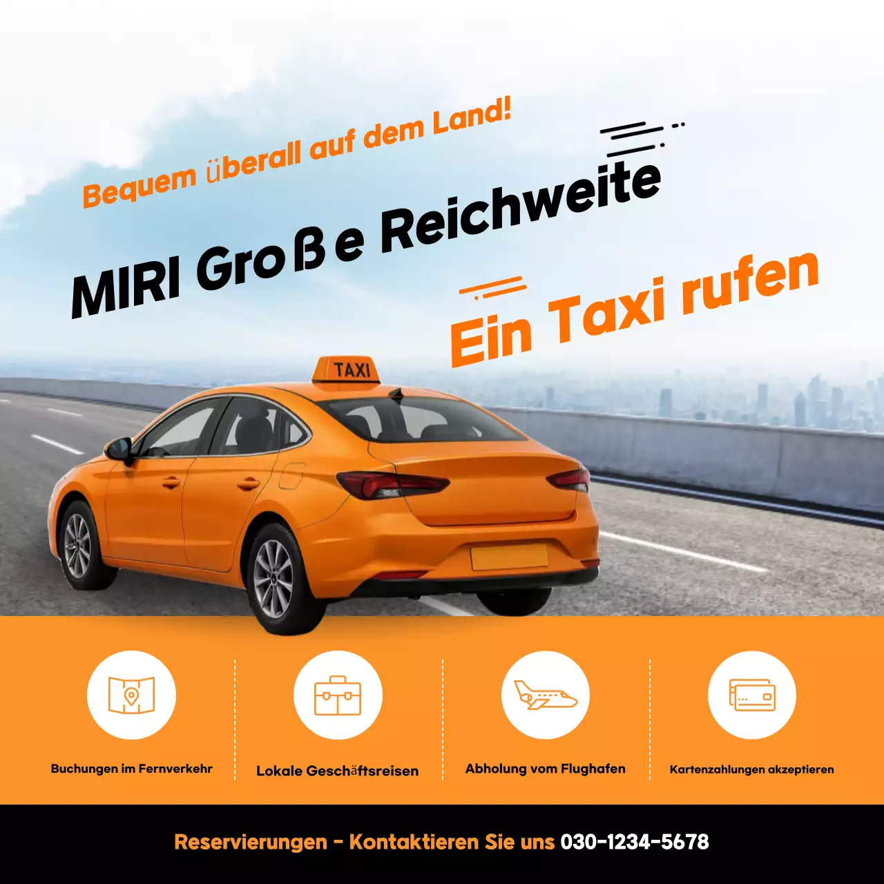 Orangefarbene, moderne Ferntaxi-Werbung