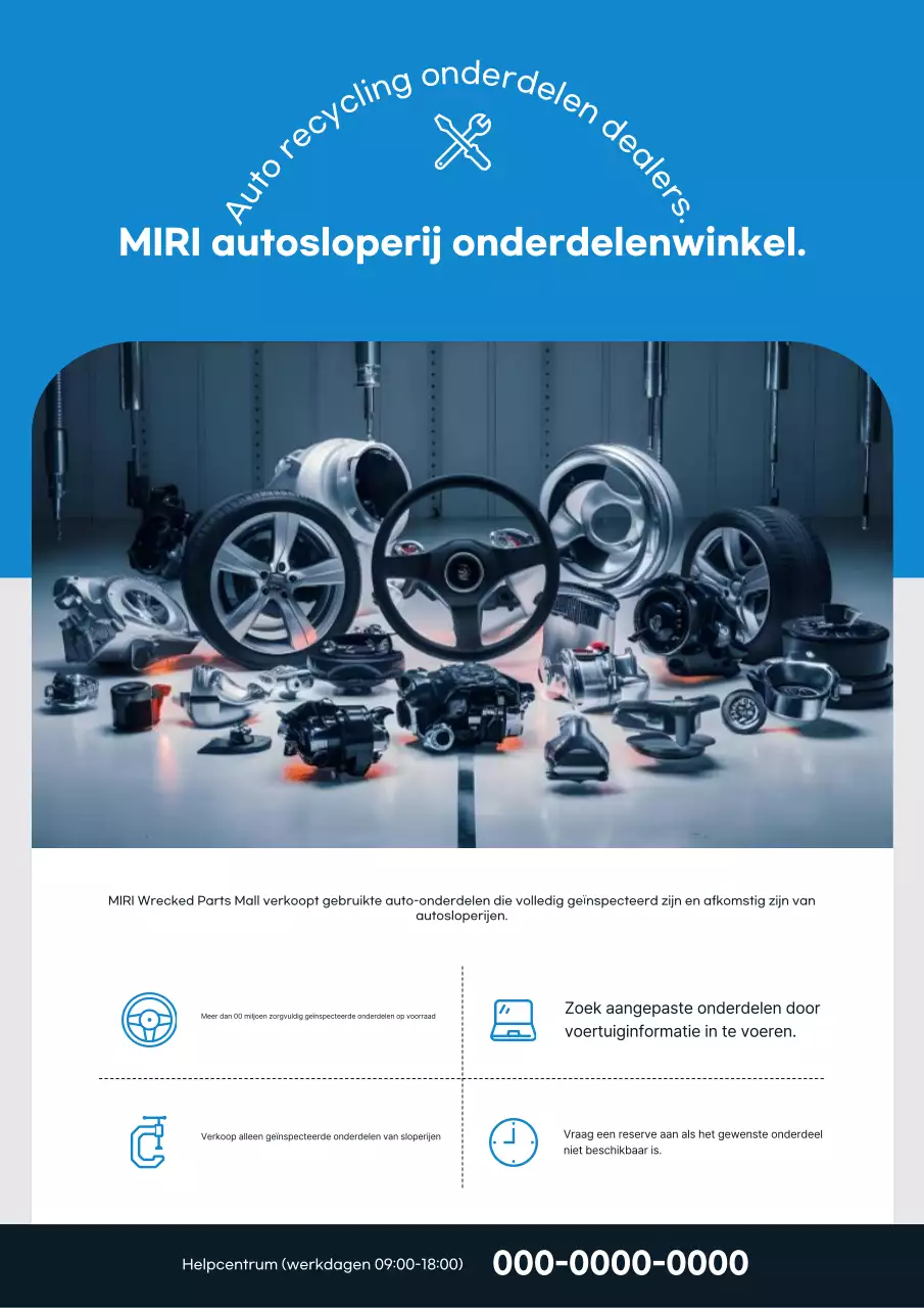 Advertentie voor gebruikte auto-onderdelen in blauw modern