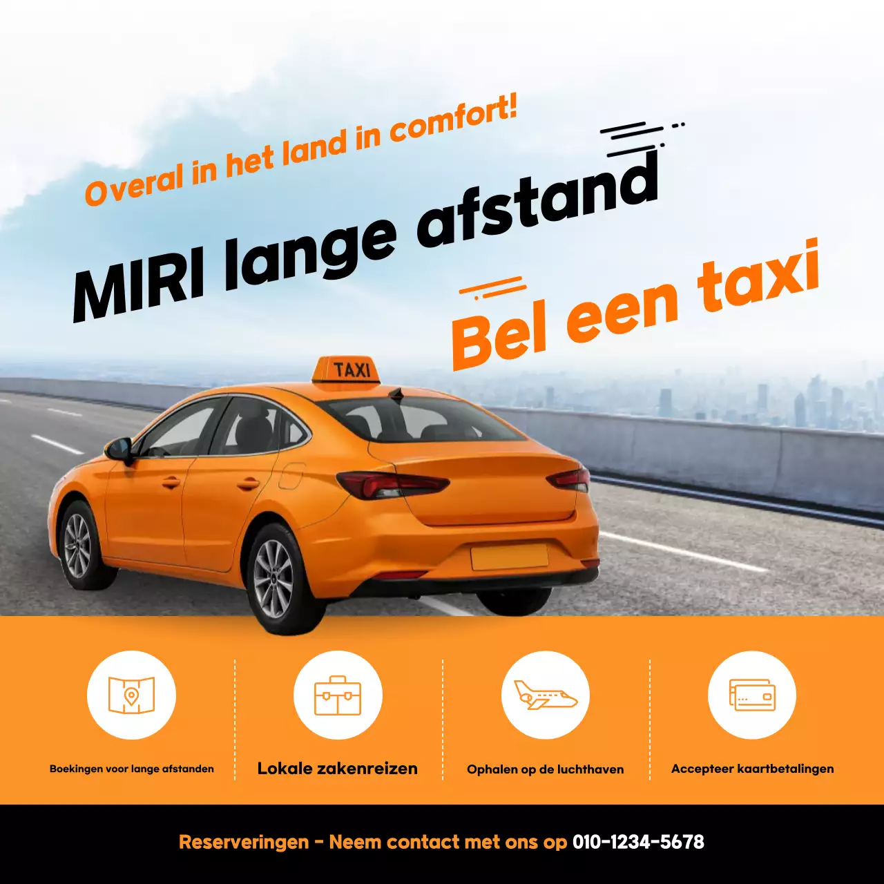 Oranje moderne langeafstandstaxi-advertentie