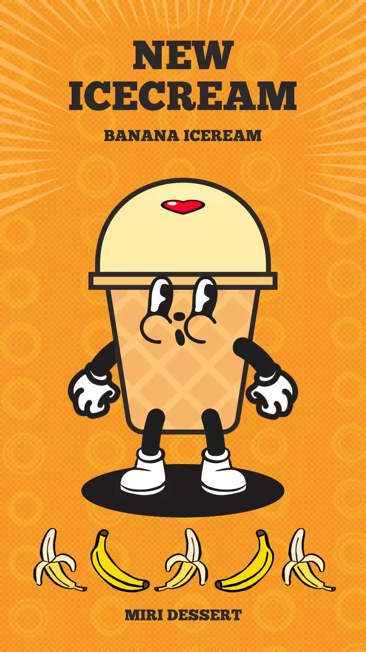 주황색과 검정색의 레트로 컨셉 바나나 아이스크림
