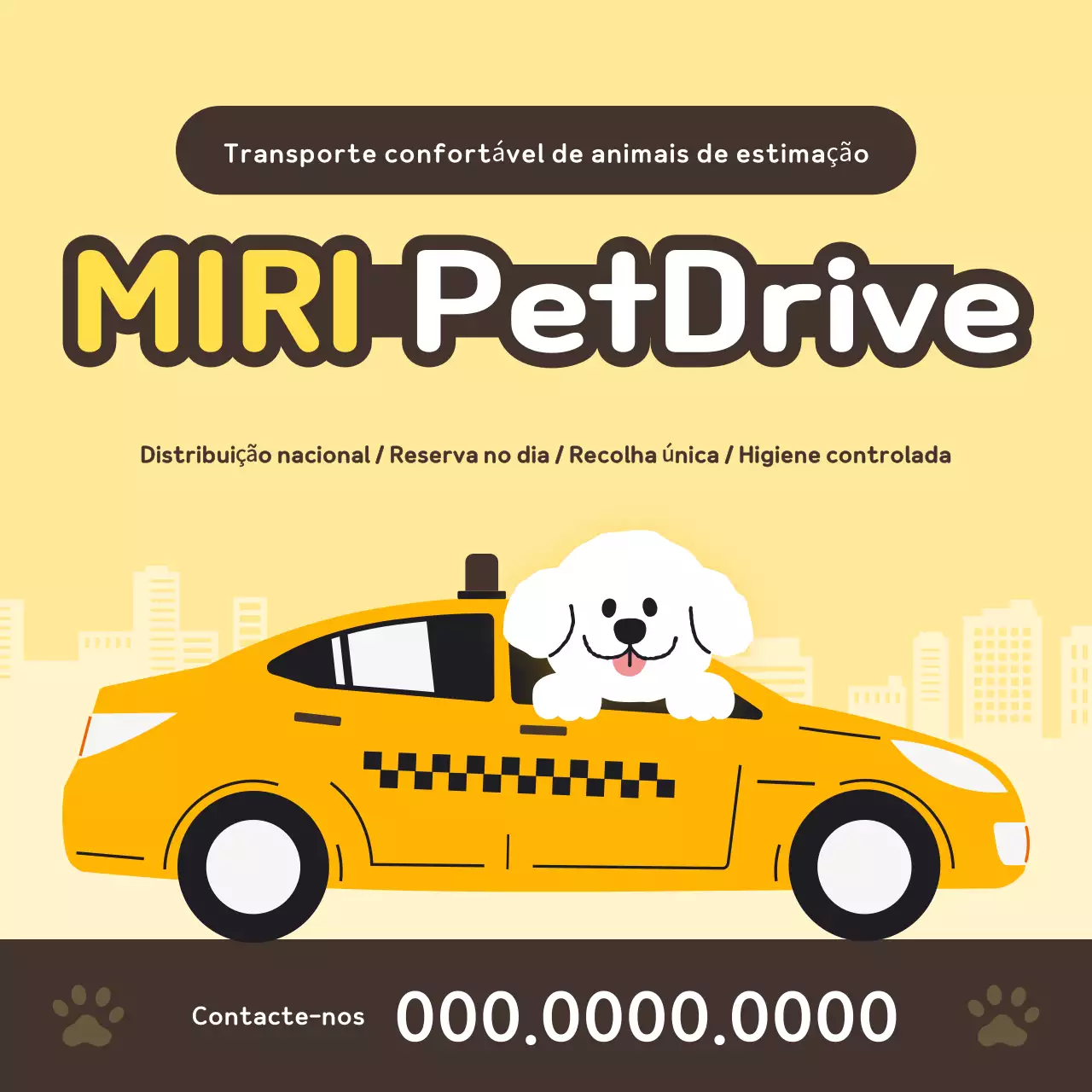 Anúncio fofo de táxi para animais de estimação amarelo e marrom