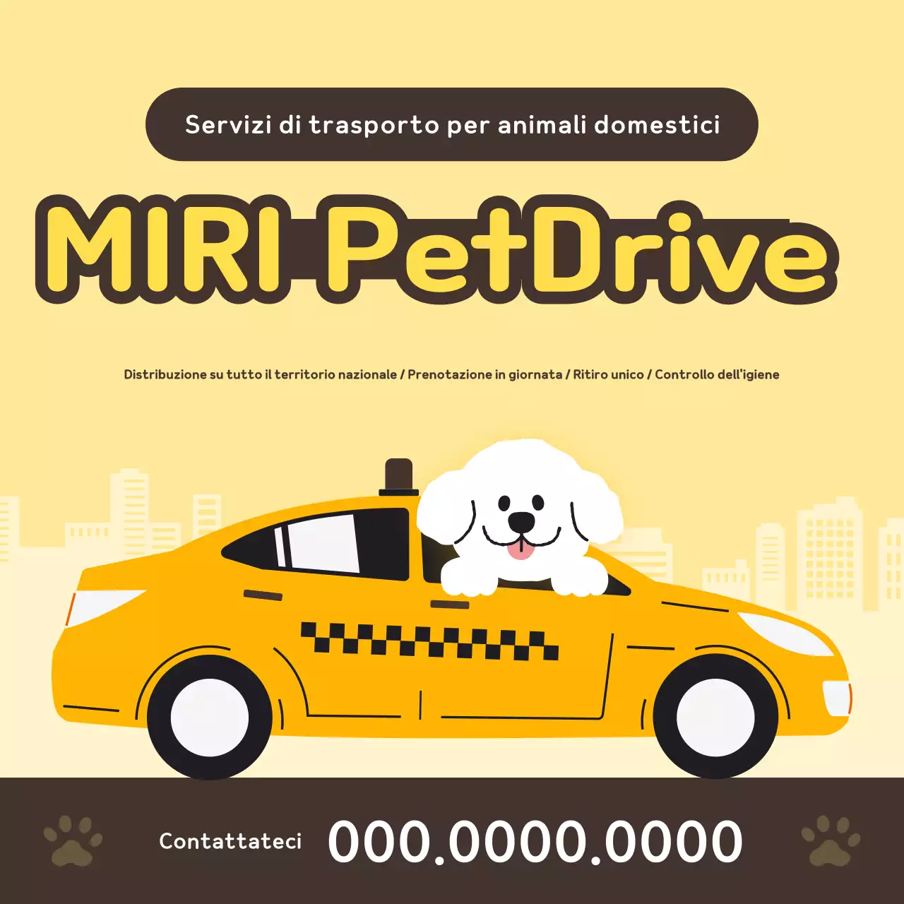Simpatico annuncio pubblicitario di un taxi per animali domestici giallo e marrone