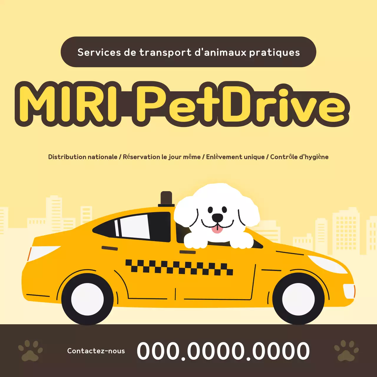 Jolie publicité jaune et marron pour un taxi pour animaux de compagnie