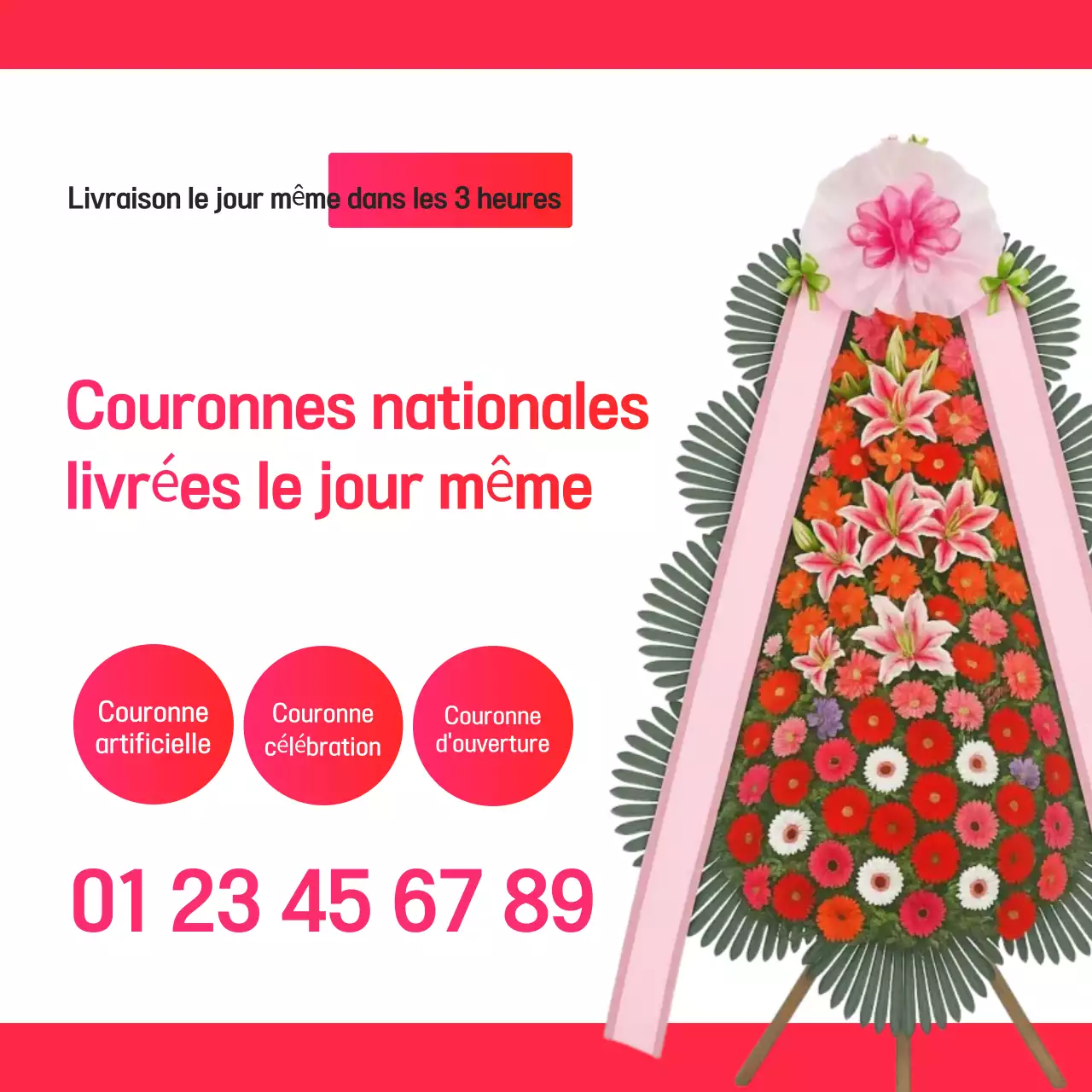 Publicité pour la livraison de fleurs de couronne rouge basique