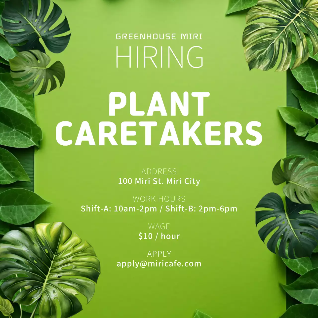 Recruitment announcement with a nature theme with a green background and yellow text points