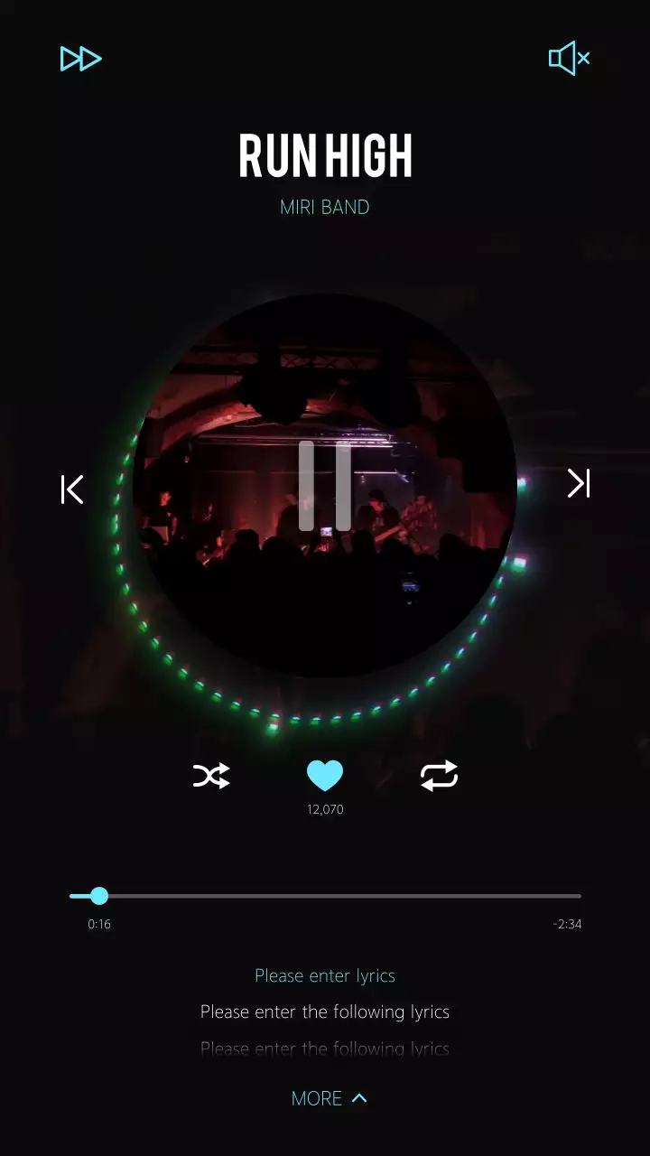 네온컬러 하늘색 화려하고 스피디한 조명과 밴드 라이브 공연 컨셉의 다크모드 음악 스트리밍