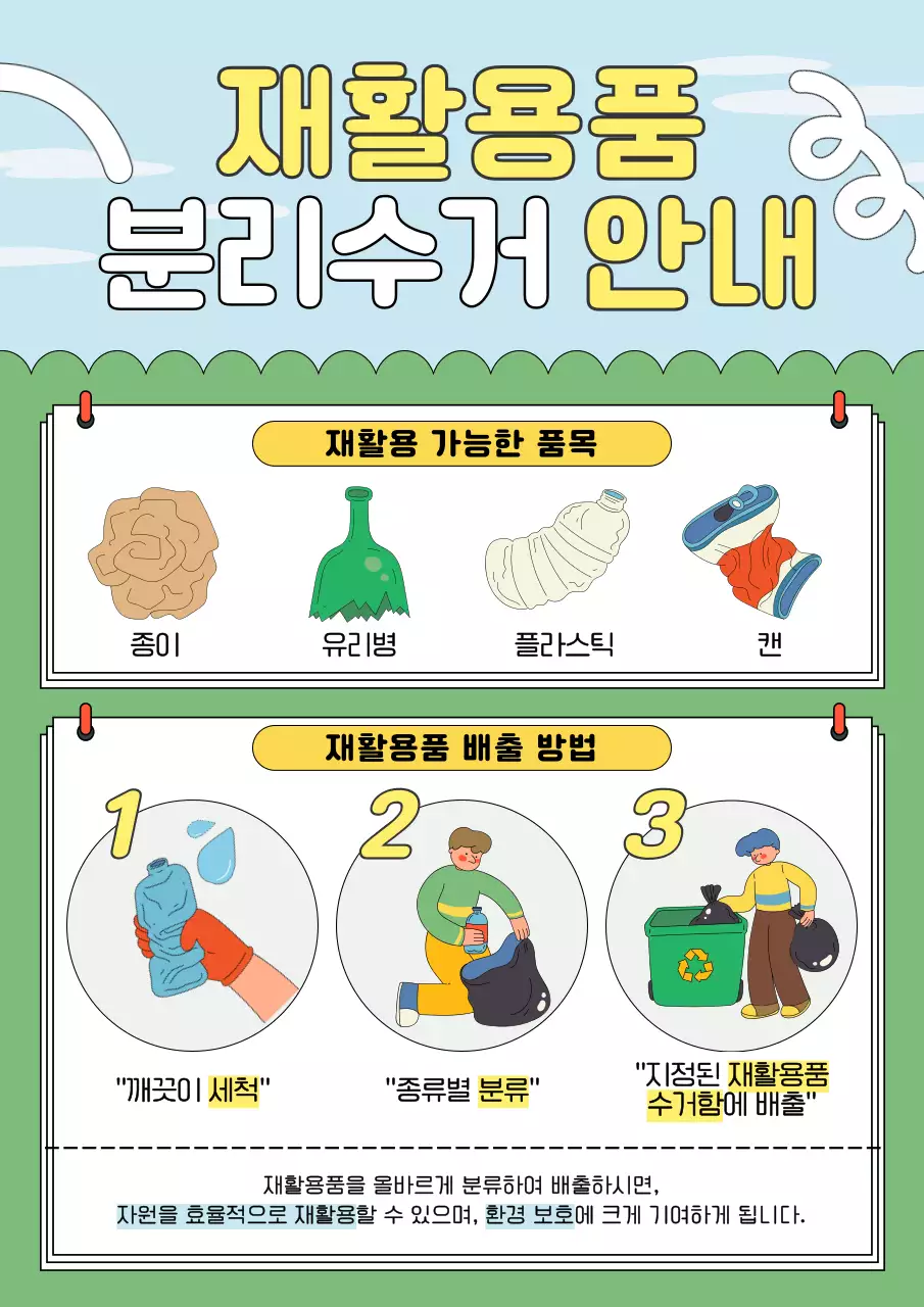 초록색과 하늘색의 키치한 재활용품 분리수거 안내서