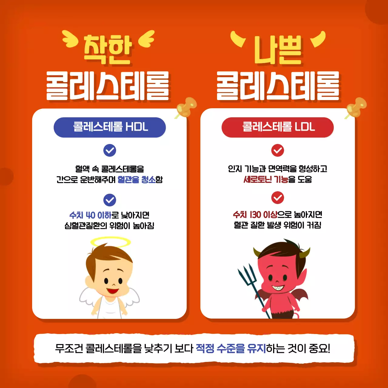 주황색과 빨강의 아기자기한 콜레스테롤 정보 설명
