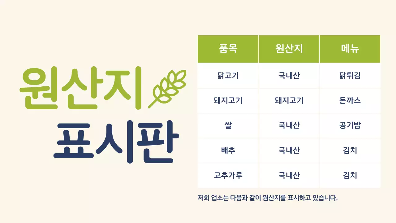 연두색과 남색의 모던한 음식점 공지사항 안내서