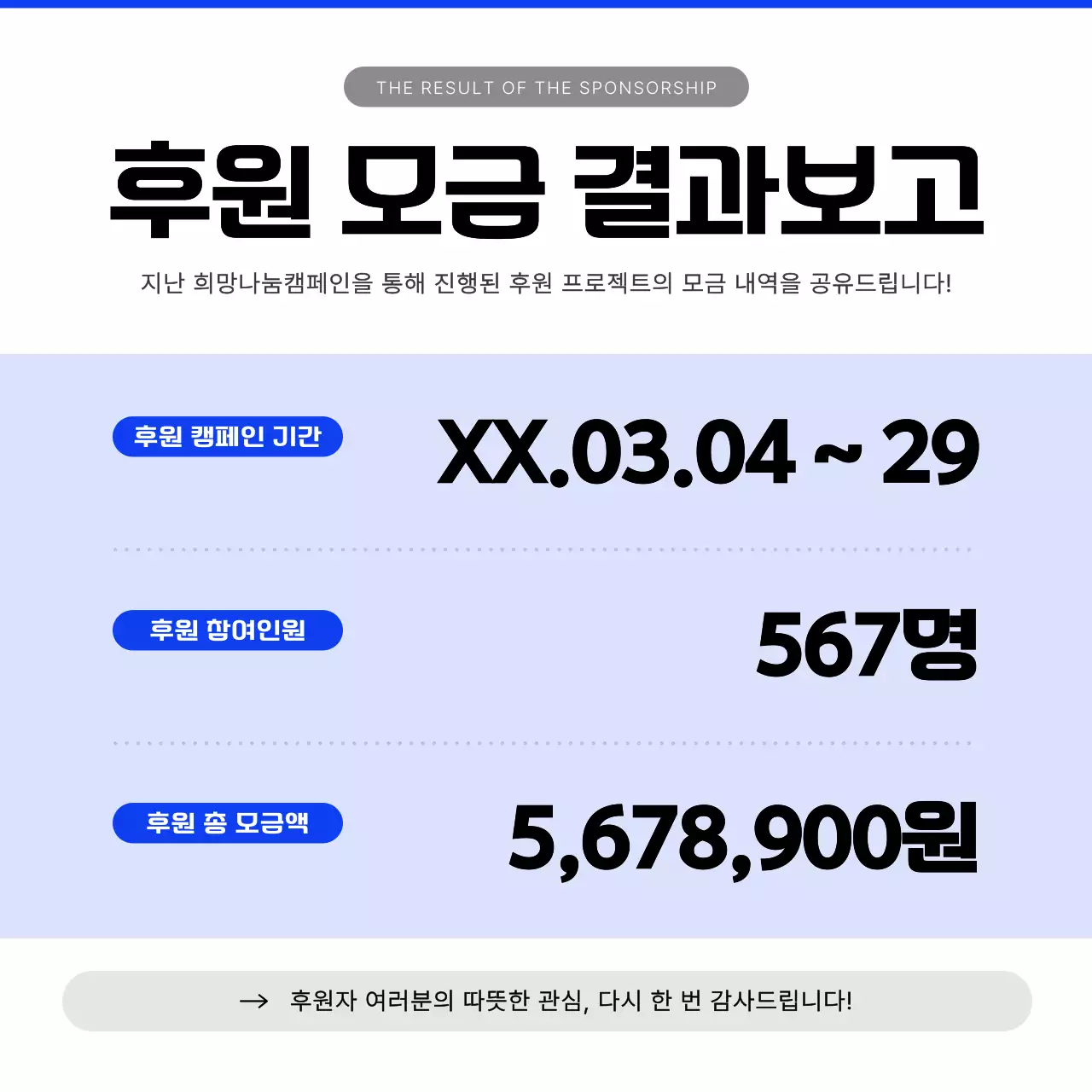 파랑과 흰색의 모던한 후원 모금 안내서