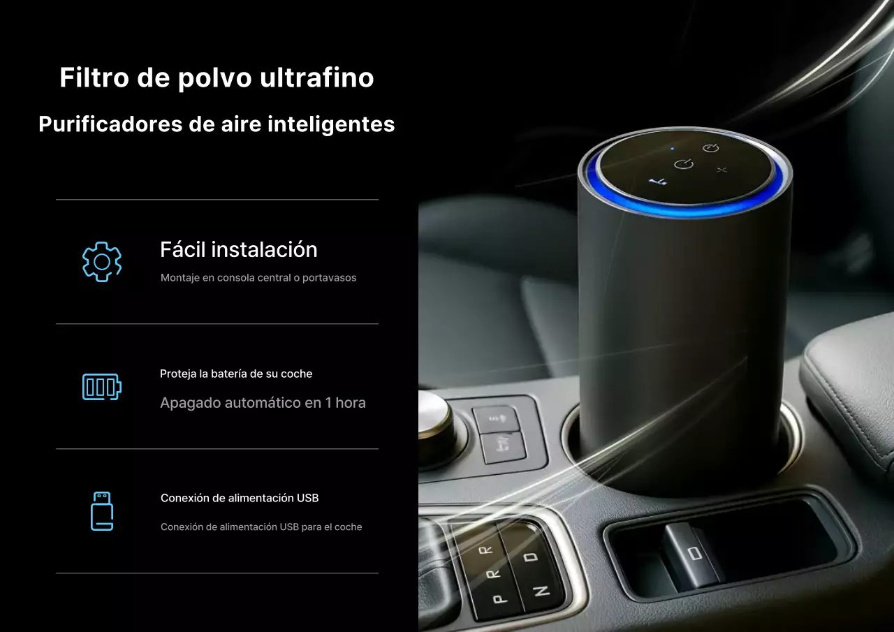 Anuncio de un purificador de aire moderno para coche de color negro