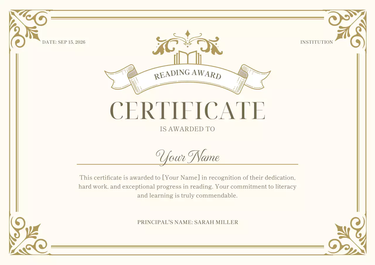 A classic ivory and brown certificate of reading praise award