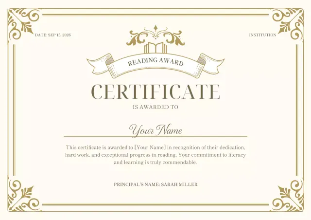 A classic ivory and brown certificate of reading praise award