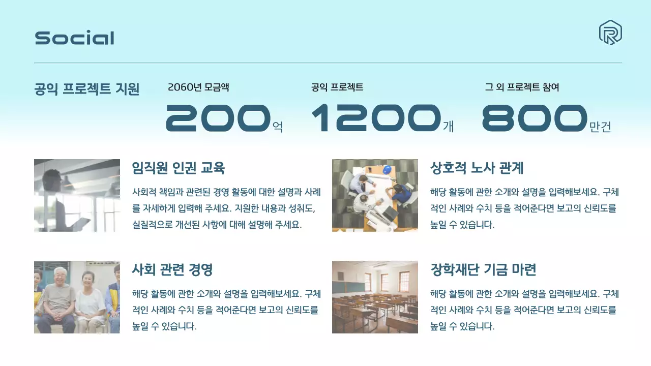 하늘색과 흰색의 모던한 친환경 기업 ESG 보고서