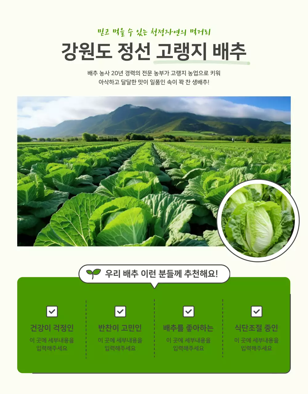 초록색과 연두색의 기본적인 배추 판매 홍보