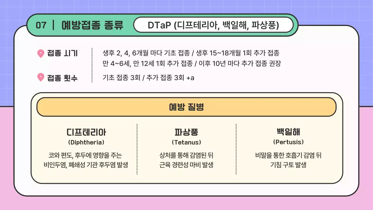 핑크색과 보라색의 아기자기한 예방접종 안내 교육자료