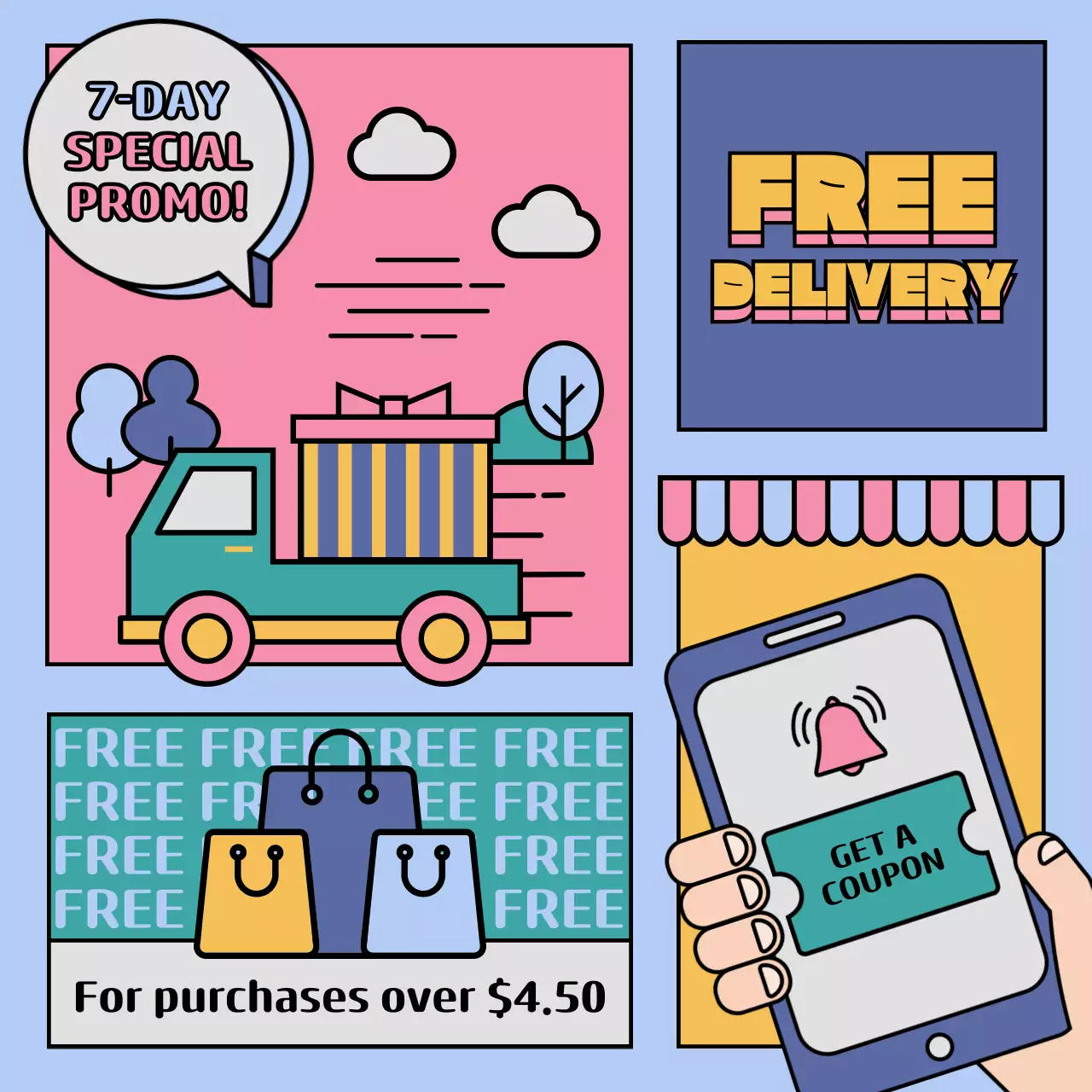Postagem de promoção de entrega retrô azul em mídia social