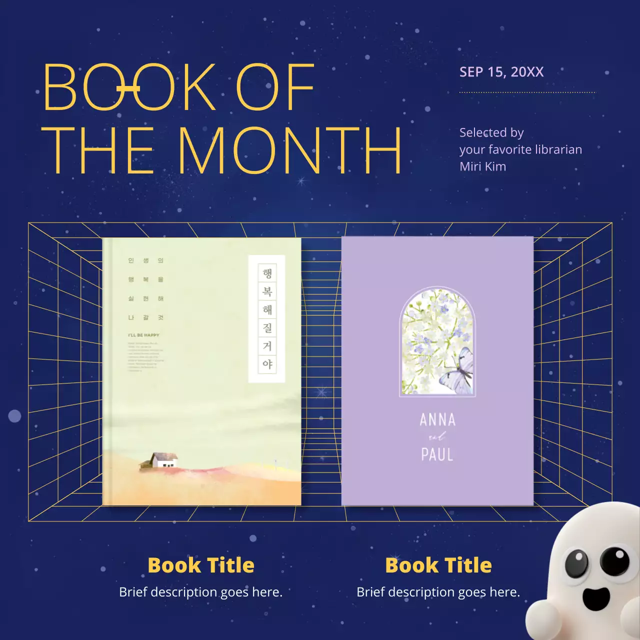 Minimalist book recommendation ads in blue and mauve