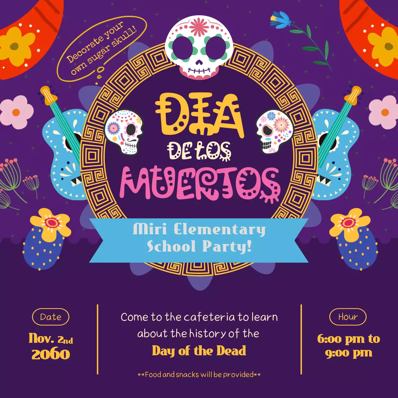 Purple and Golden Kitsch Day of the Dead Social Media Post