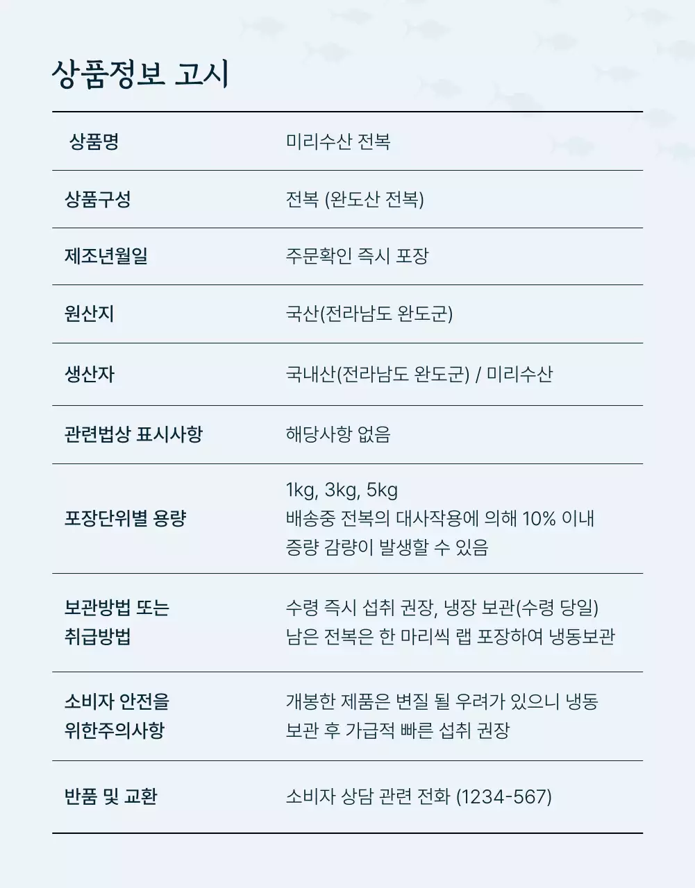 파랑과 남색의 전통적인 수산물 전복 안내 및 주의사항 홍보