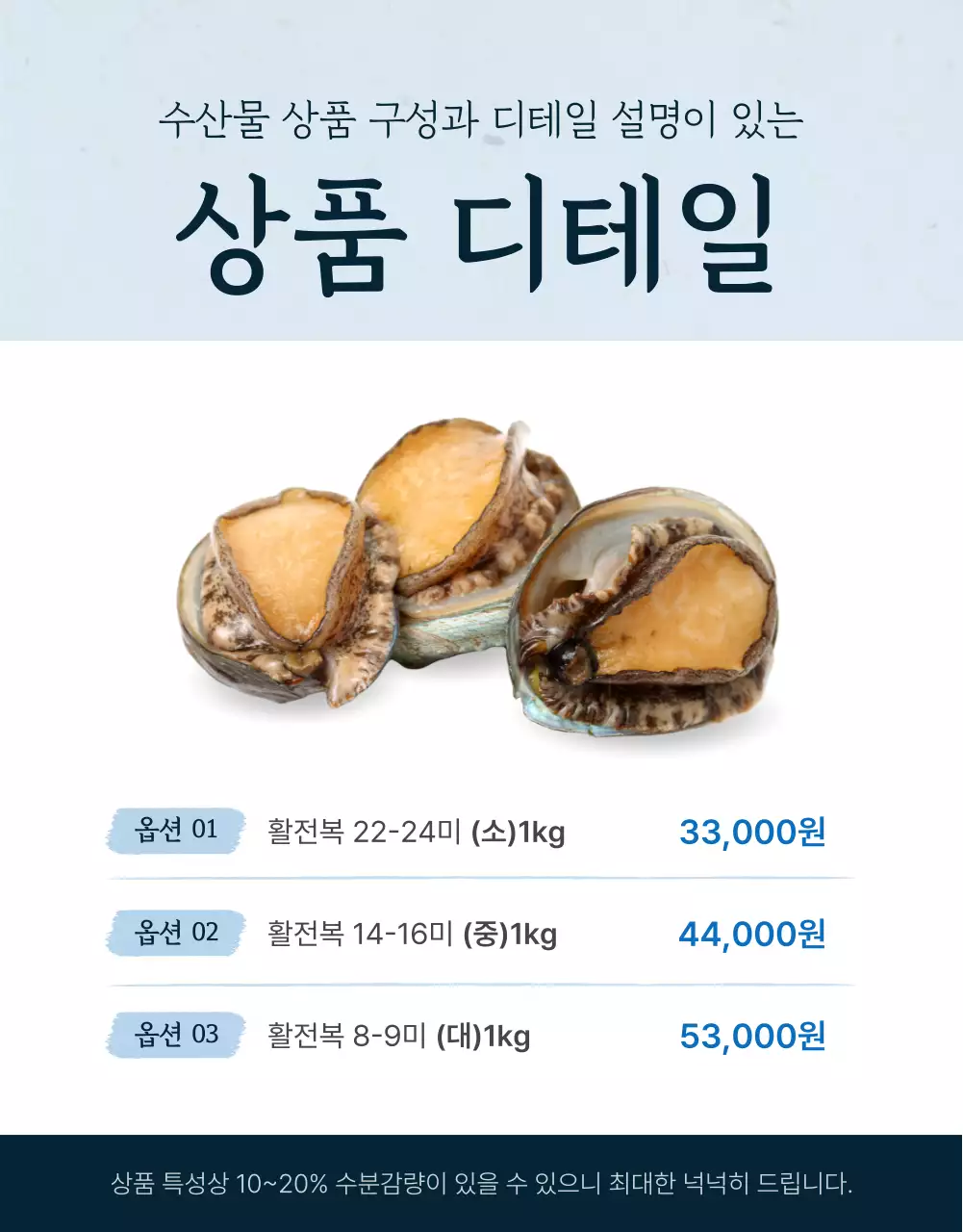 파랑과 남색의 전통적인 수산물 전복 옵션과 디테일 홍보