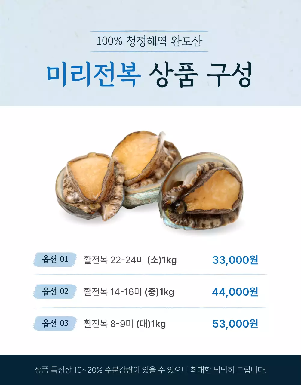 파랑과 남색의 전통적인 수산물 전복 옵션과 디테일 홍보