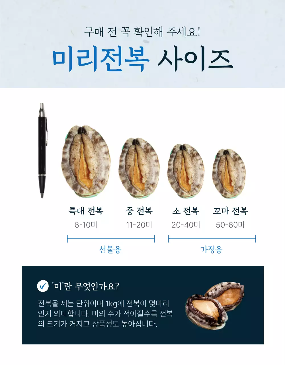파랑과 남색의 전통적인 수산물 전복 옵션과 디테일 홍보