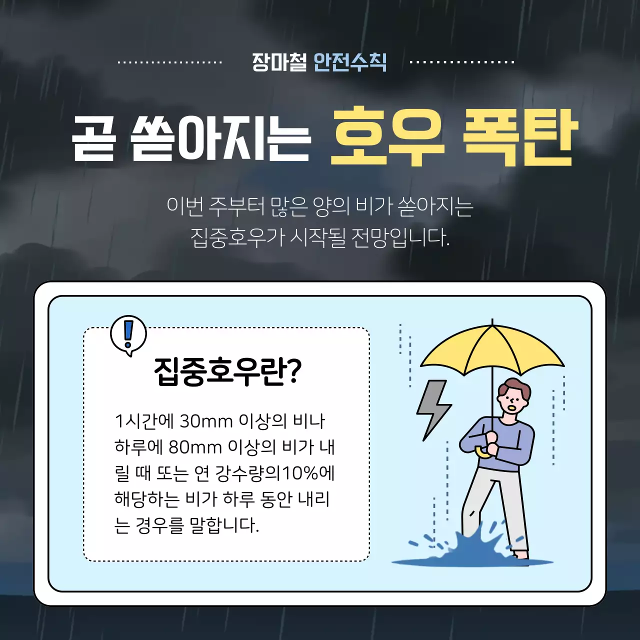 하늘색과 남색의 강조하는 장마 안전 수칙 안내서