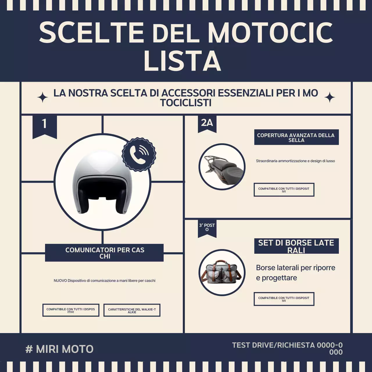 Vendita di accessori per moto retrò in blu e beige